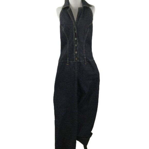 Bisou Bisou Pants - Bisou Bisou Denim Wide Leg Halter Top Belted Jumpsuit l